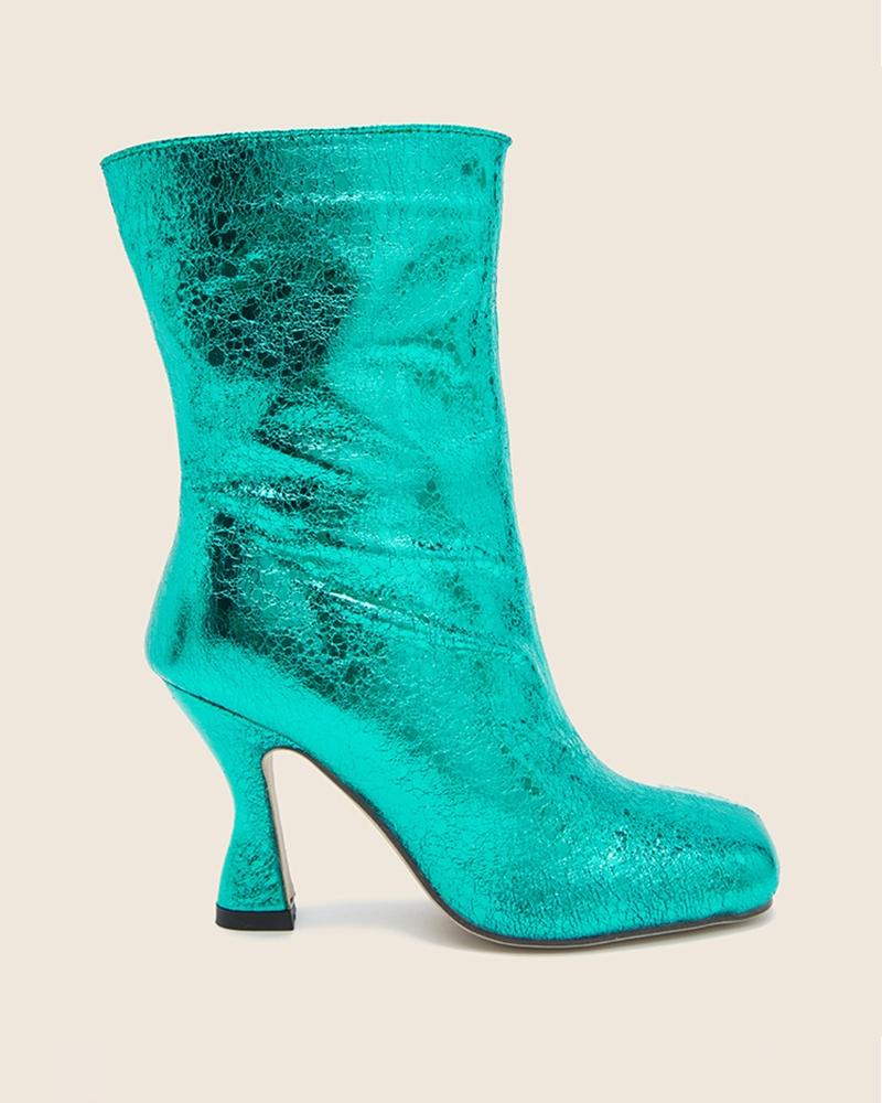 Square-toe Solid Color Sequin Heel Boots