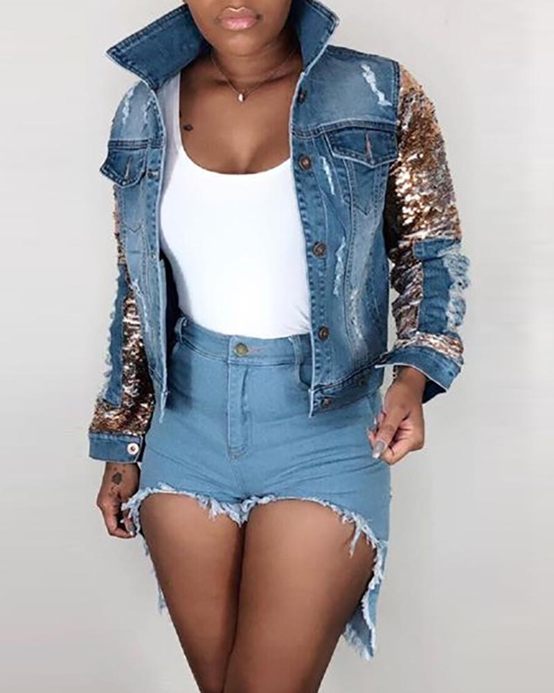 Turn-down Collar Ripped Frayed Sequins Denim Coat