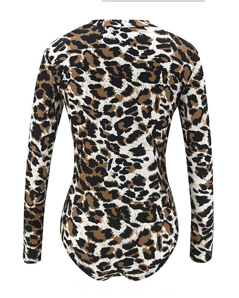 Leopard Print Plunge Buttoned Bodysuit