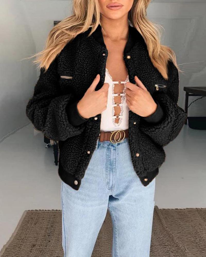 Solid Faux Shearling Button Jacket