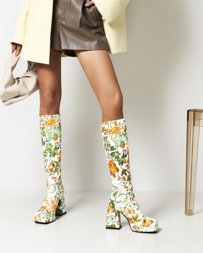 Ladies Floral Embroidery Square Toe Calf Length Boots