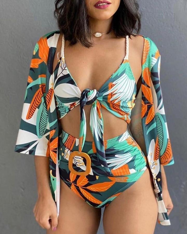 Spaghetti Strap Plant Print Knotted Bikini Set With Cover Up