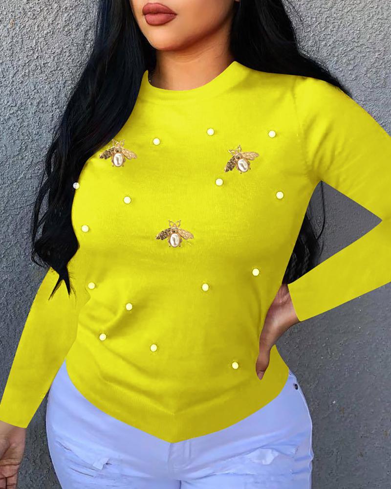 Solid Beaded Bees Design Casual Blouse