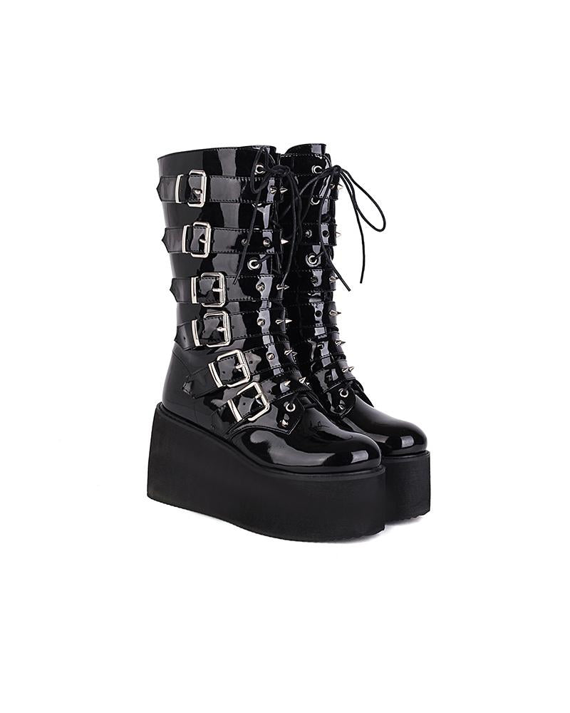Chic Womens Lacquered Round Toe Buckle Platform Boots