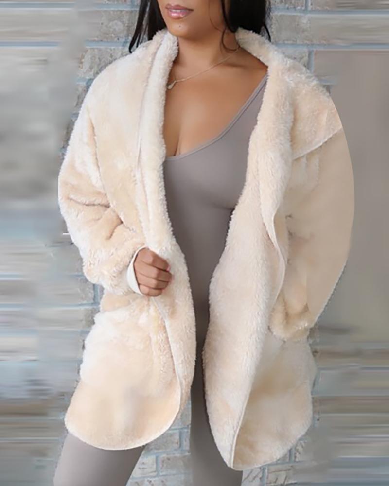 Solid Fluffy Zipped Hooded Coat
