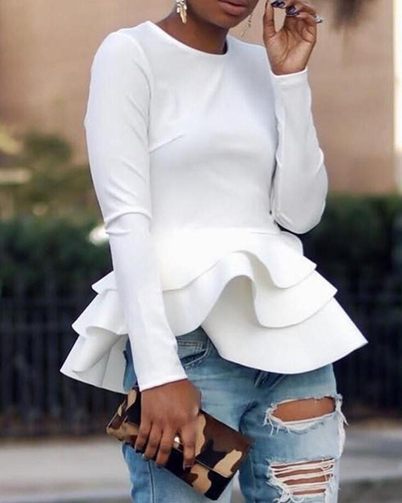 Outlet26 Solid Long Sleeve Layered Ruffles Blouse white