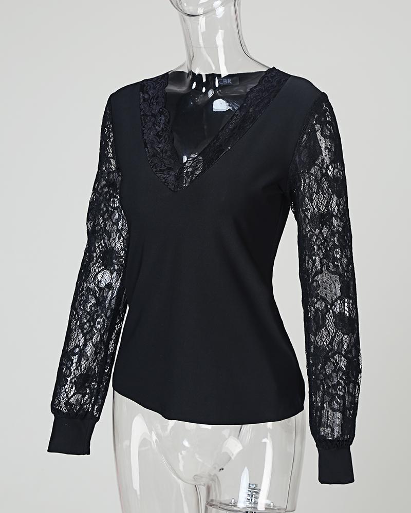 Long Sleeve V-Neck Lace Insert Casual Top