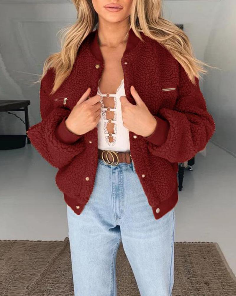 Solid Faux Shearling Button Jacket