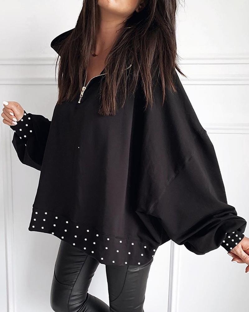 Outlet26 Beaded Detail Zipper Casual Blouse black