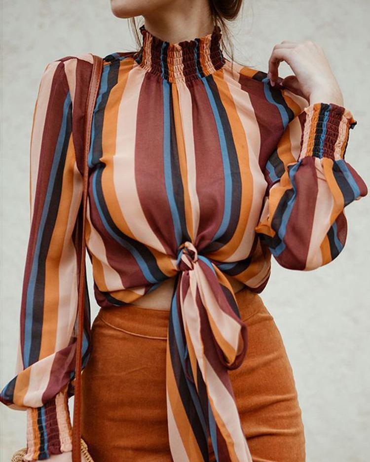 Outlet26 Striped Shirring Neck & Cuff Knotted Blouse MultiStyle
