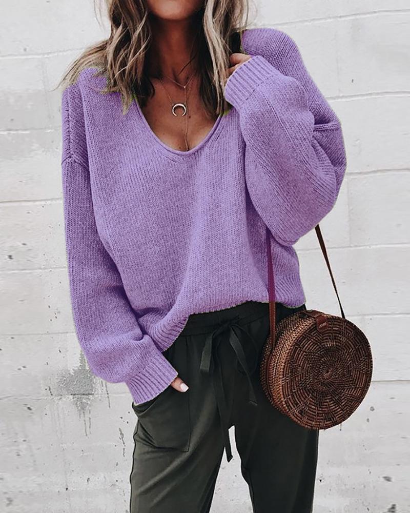 Solid Long Sleeve V-Neck Casual Sweater