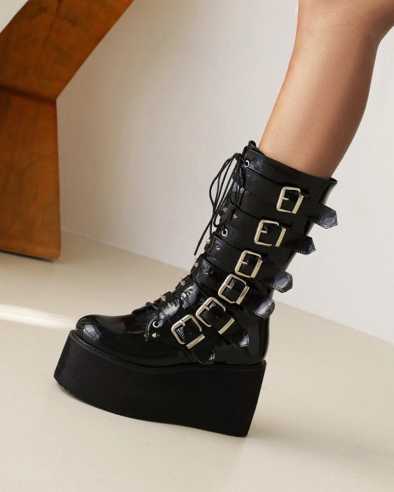 Chic Womens Lacquered Round Toe Buckle Platform Boots