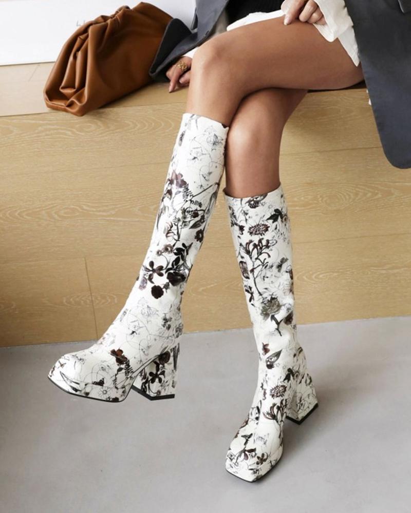 Ladies Floral Embroidery Square Toe Calf Length Boots