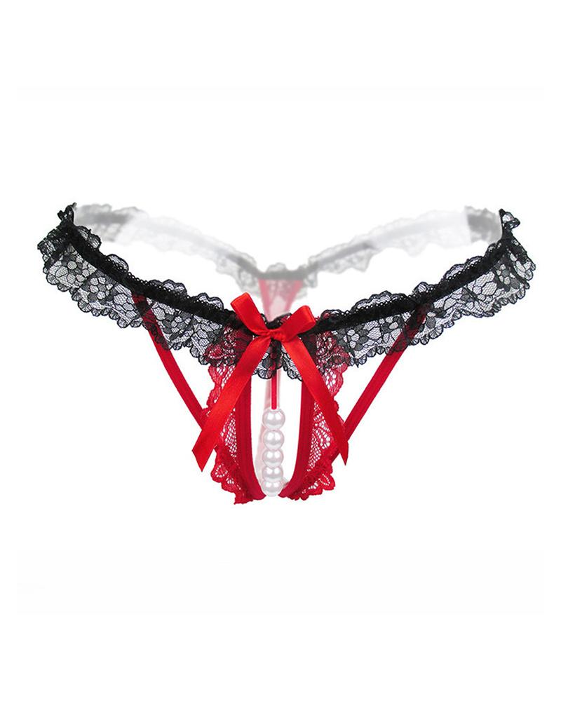 Lace Trim Bowknot Beaded Thong