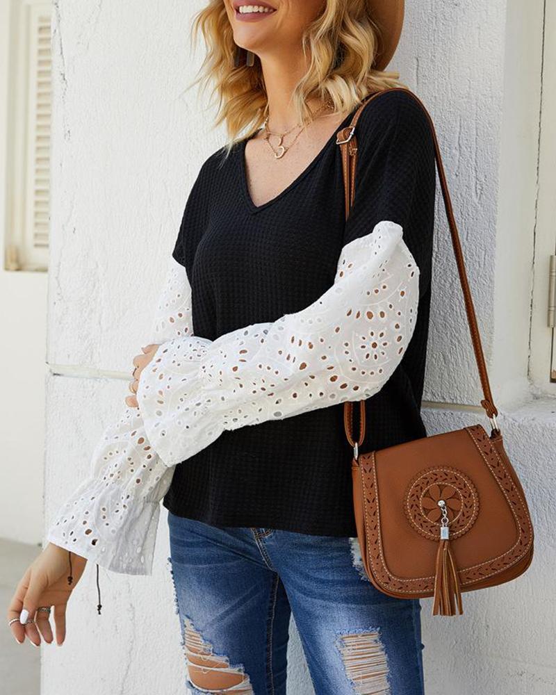 V Neck Lace Sleeve Top