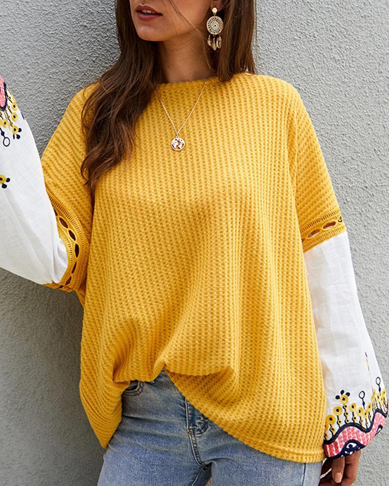 Outlet26 Spliced Sleeve Casual Knit Sweater yellow