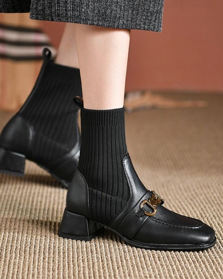 Knitted Patchwork Square Toe Chunky Heels Ankle Booties