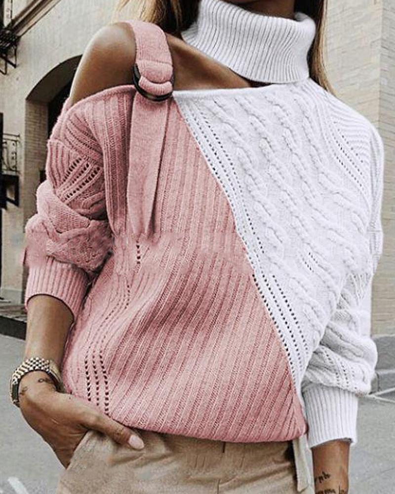 Outlet26 Pointelle Cold Shoulder Contrast Sweater pink