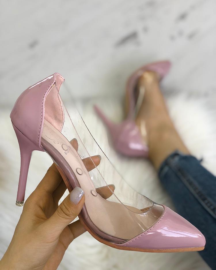 Outlet26 Solid Transparent Splicing Pointed Toe Heels pink