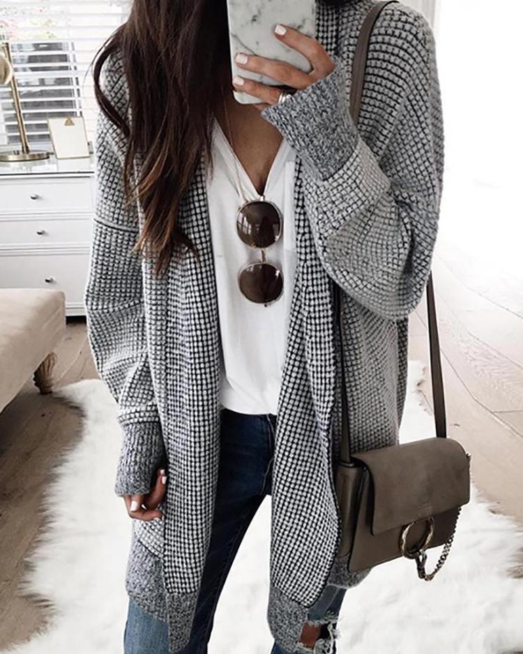 Solid Open Front Grid Casual Coat