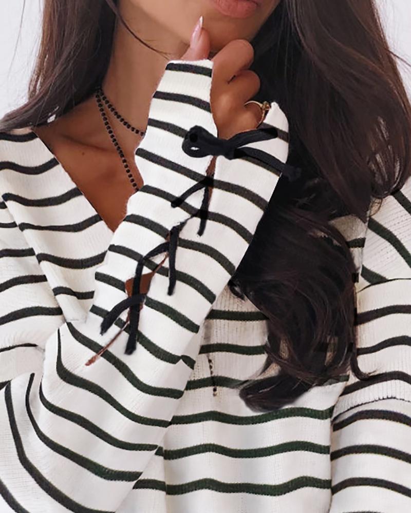 Striped Tied Cuff Casual Blouse