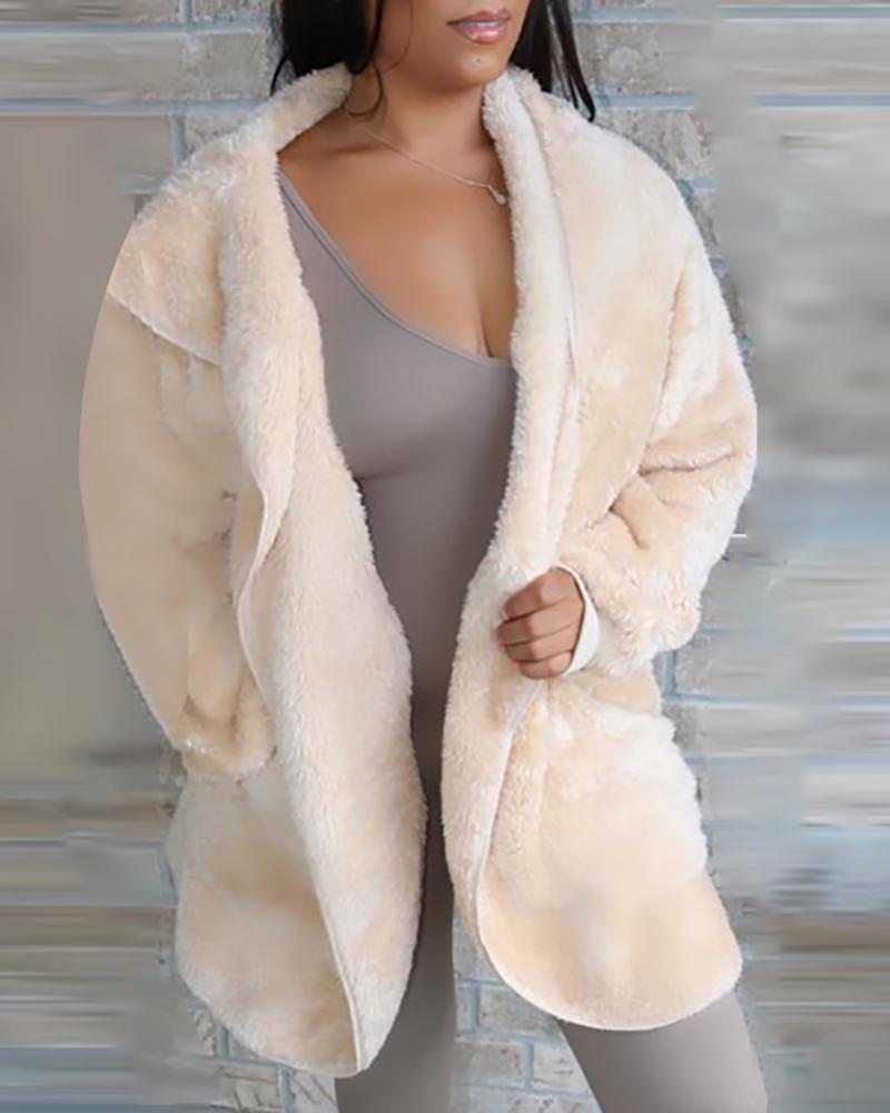 Outlet26 Solid Fluffy Zipped Hooded Coat Apricot