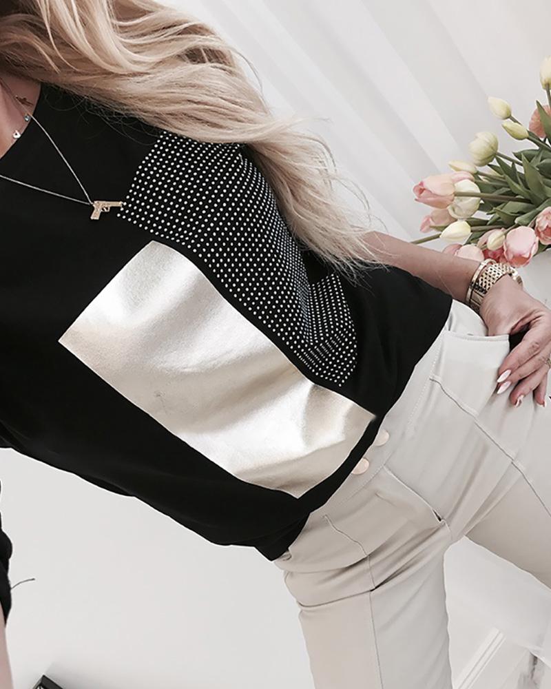 Hot Stamping Colorblock Round Neck Long Sleeve T-shirt