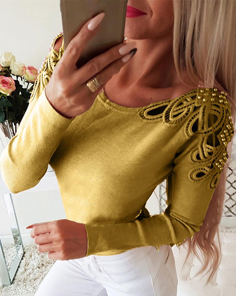 Beaded Hollow Out Ribbed Blouse