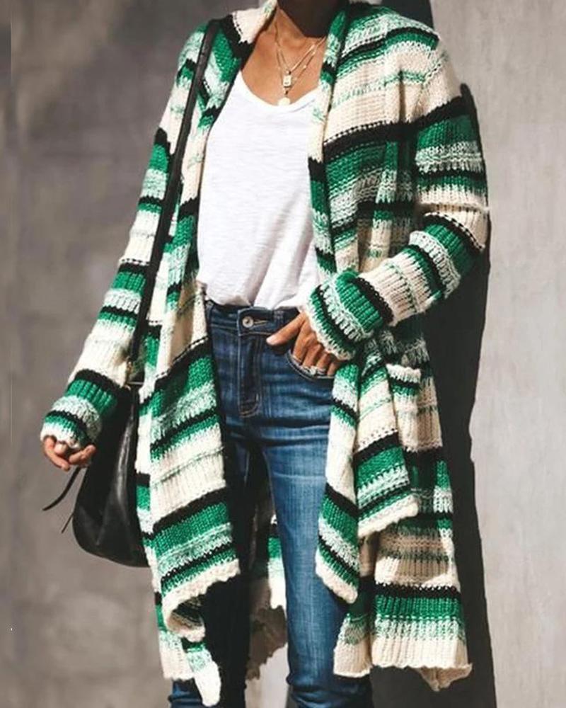 Outlet26 Casual Striped Knitted Long Cardigan green