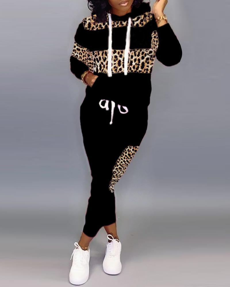 Outlet26 Hooded Styleblock Leopard Drawstring Sweatshirt & Pants Sets black