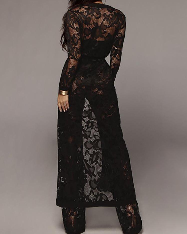 Lace Tie Waist Cardigan & Pants With Strapless Top Sets