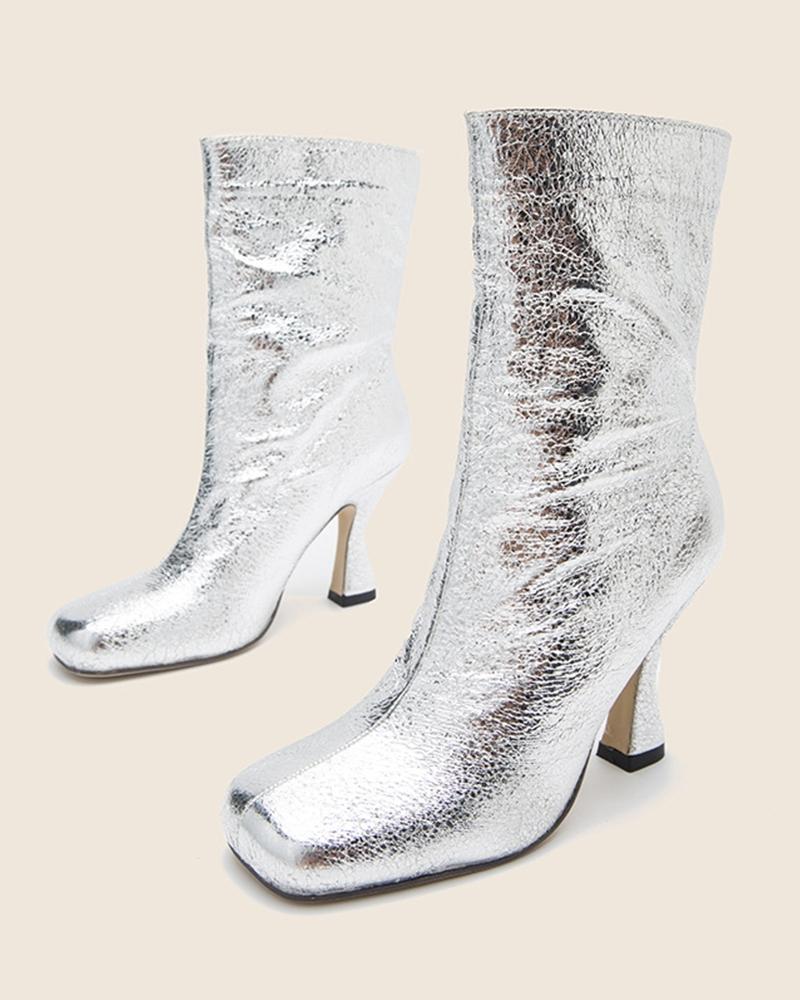 Square-toe Solid Color Sequin Heel Boots
