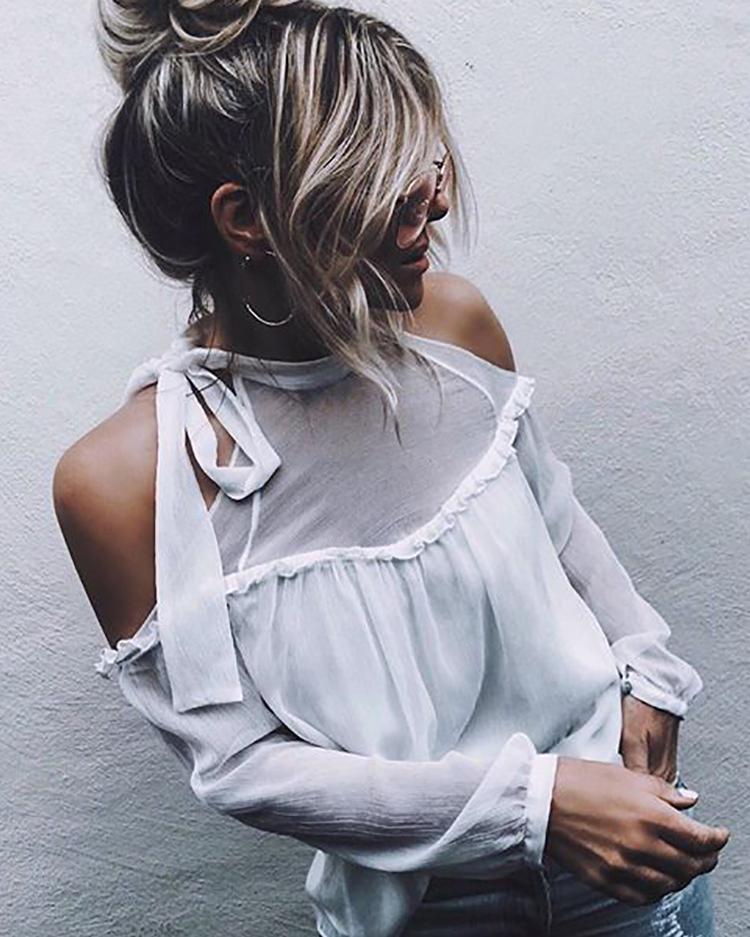 Tied Neck Cold Shoulder Frills Chiffon Blouse