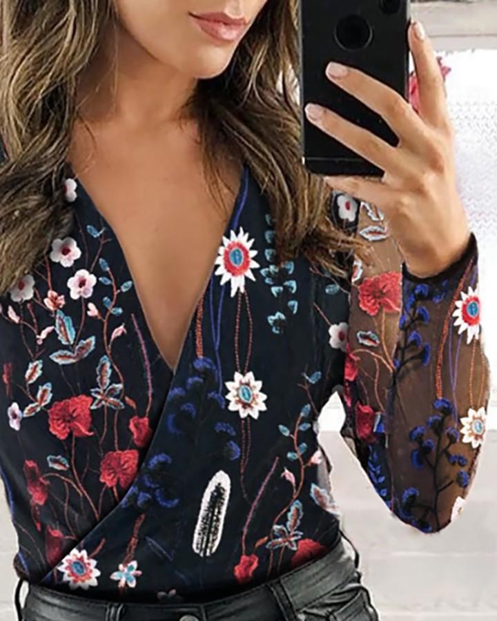 Sheer Mesh Floral Embroidery Blouse