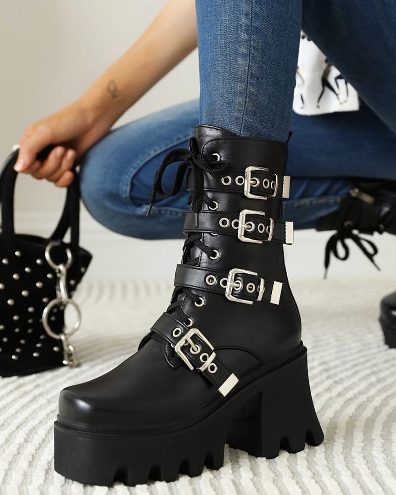Square Toe Strap Hollow-out Platform Martin Boots