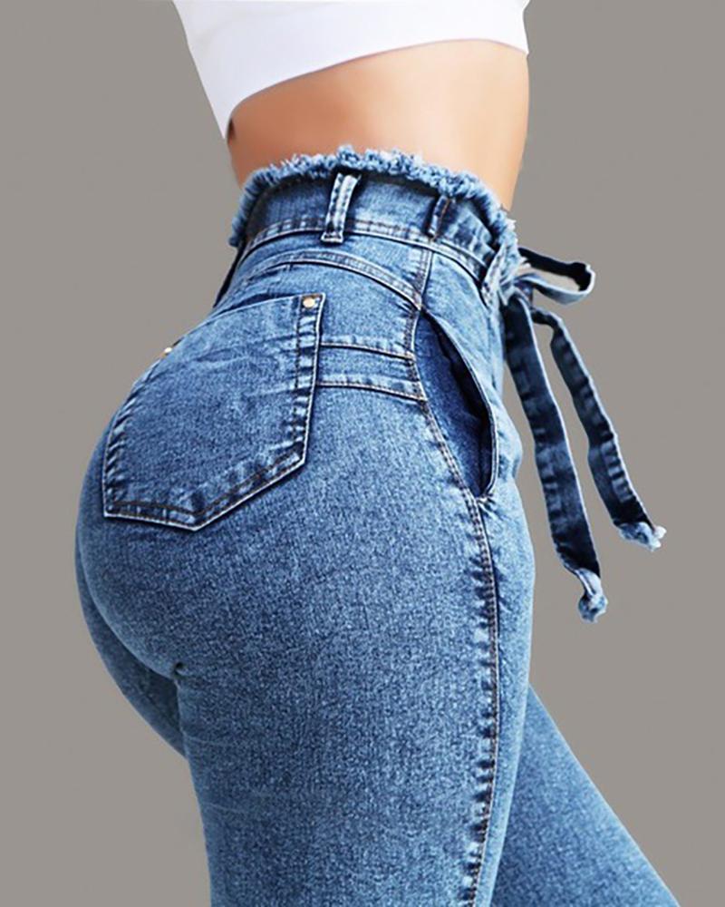 Solid High Waist Paperbag Waist Jeans