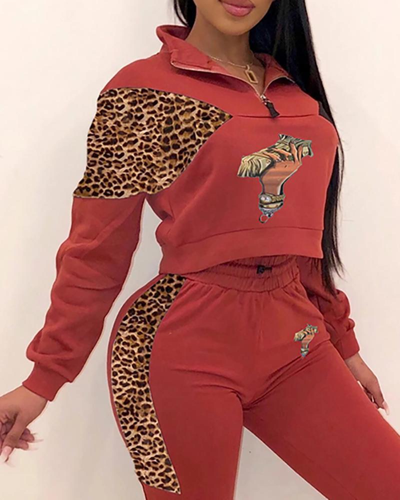 Zipper Design Styleblock Leopard Print Sweatshirt & Pants Sets