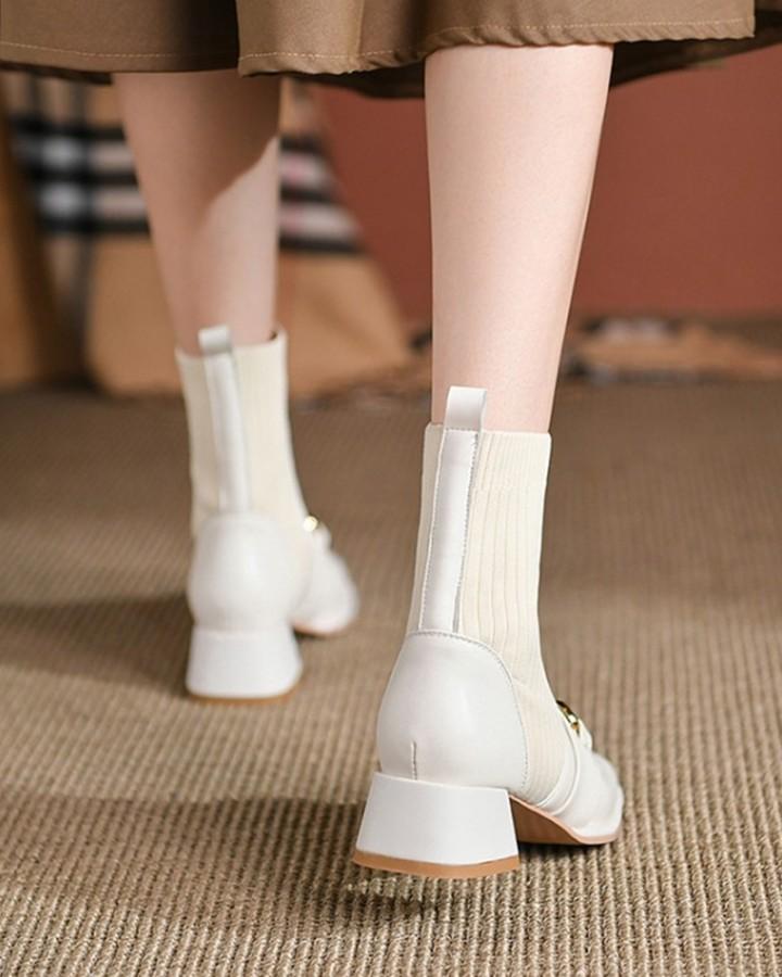 Knitted Patchwork Square Toe Chunky Heels Ankle Booties