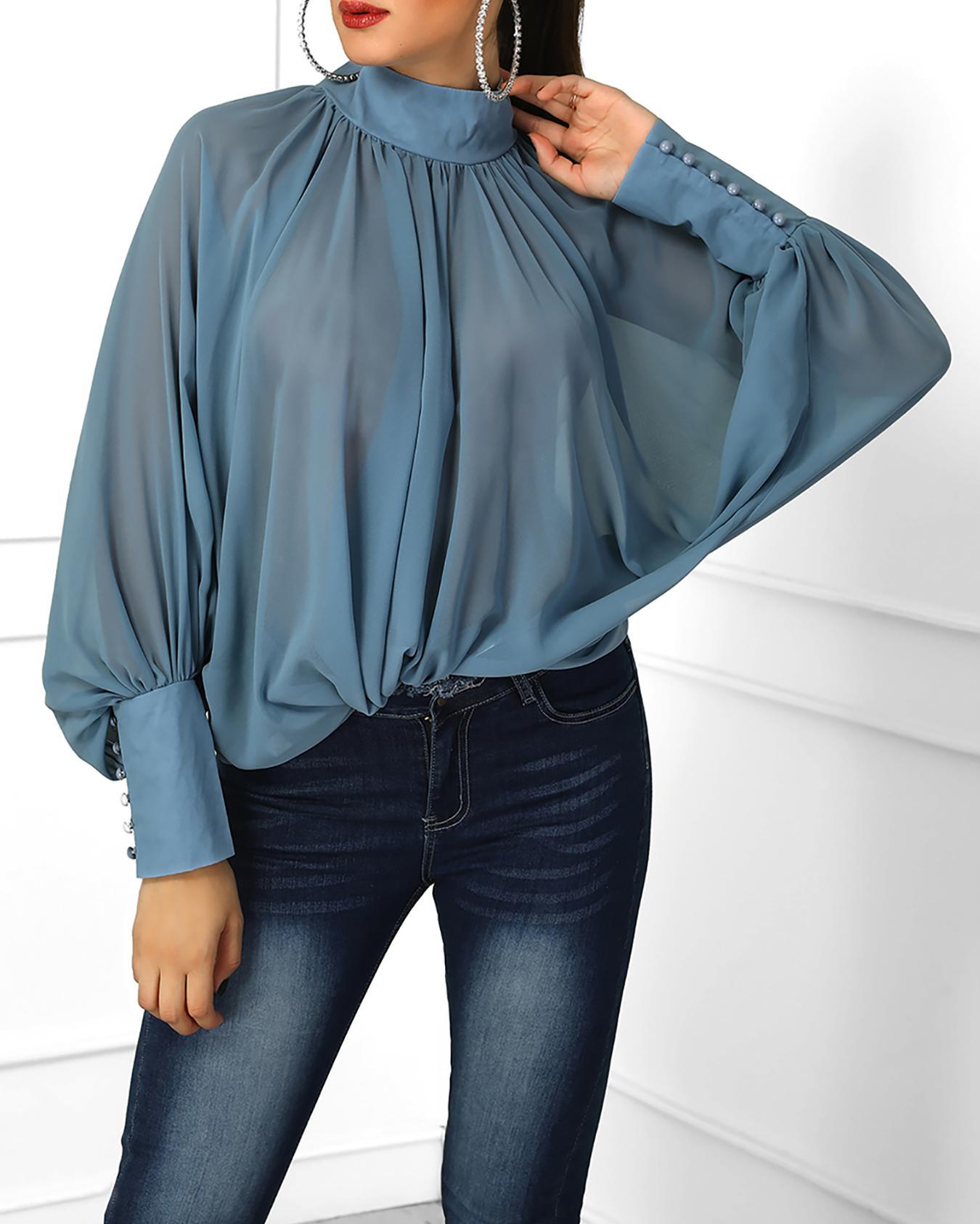 Outlet26 Lantern Sleeve Wide Cuff Ruched Blouse sky blue