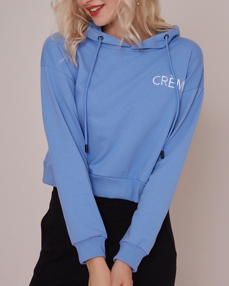 Outlet26 Embroidered Letter Long Sleeve Hoodie sky blue