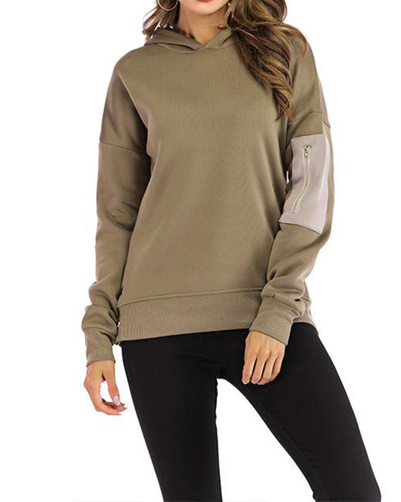 Outlet26 Button Slit Long Sleeve Hoodie Army green