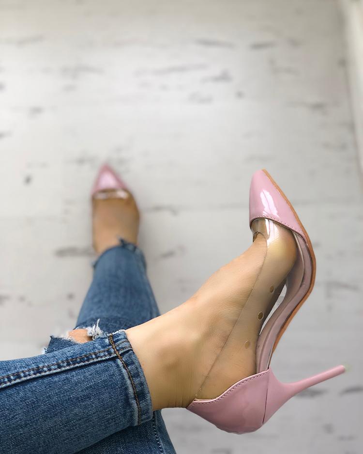 Solid Transparent Splicing Pointed Toe Heels