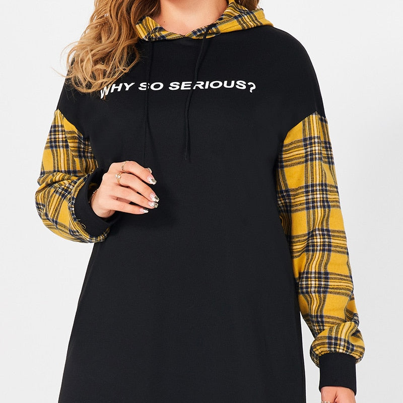 Dresses Woman Summer Plus Size Black Long Sleeve Casual Plaid Stitching Letter Print Sport College Style Midi Hooded Dress