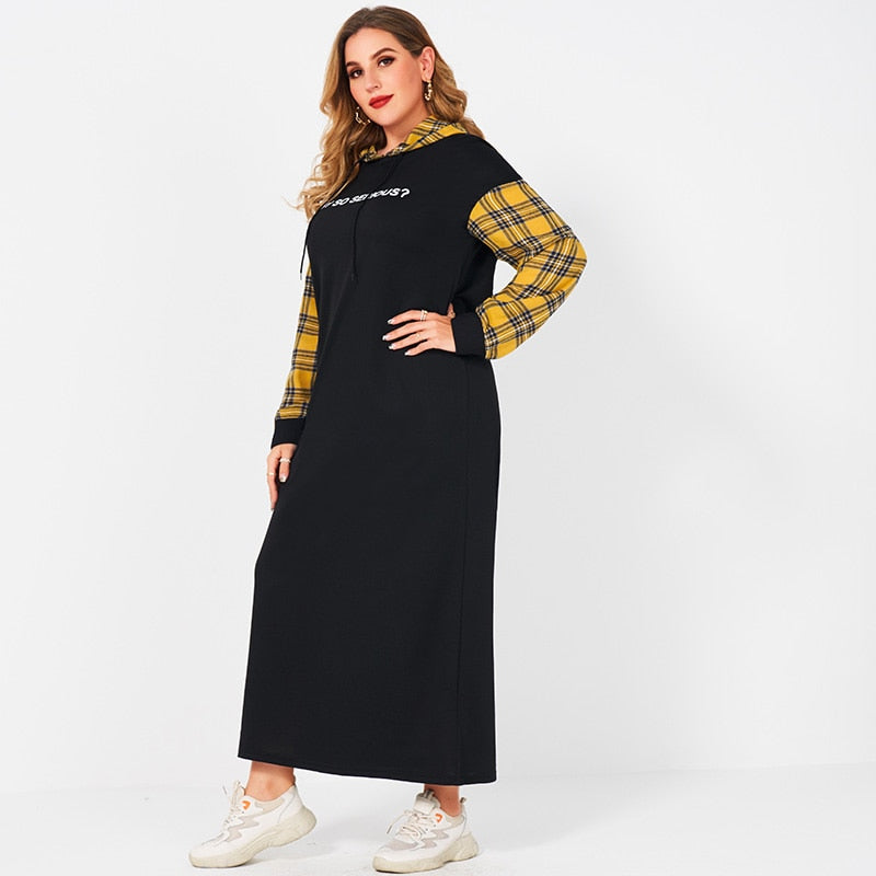 Dresses Woman Summer Plus Size Black Long Sleeve Casual Plaid Stitching Letter Print Sport College Style Midi Hooded Dress