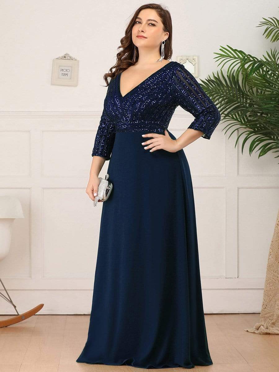 Plus Size V Neck A-Line Sequin Evening Dress with Sleeve