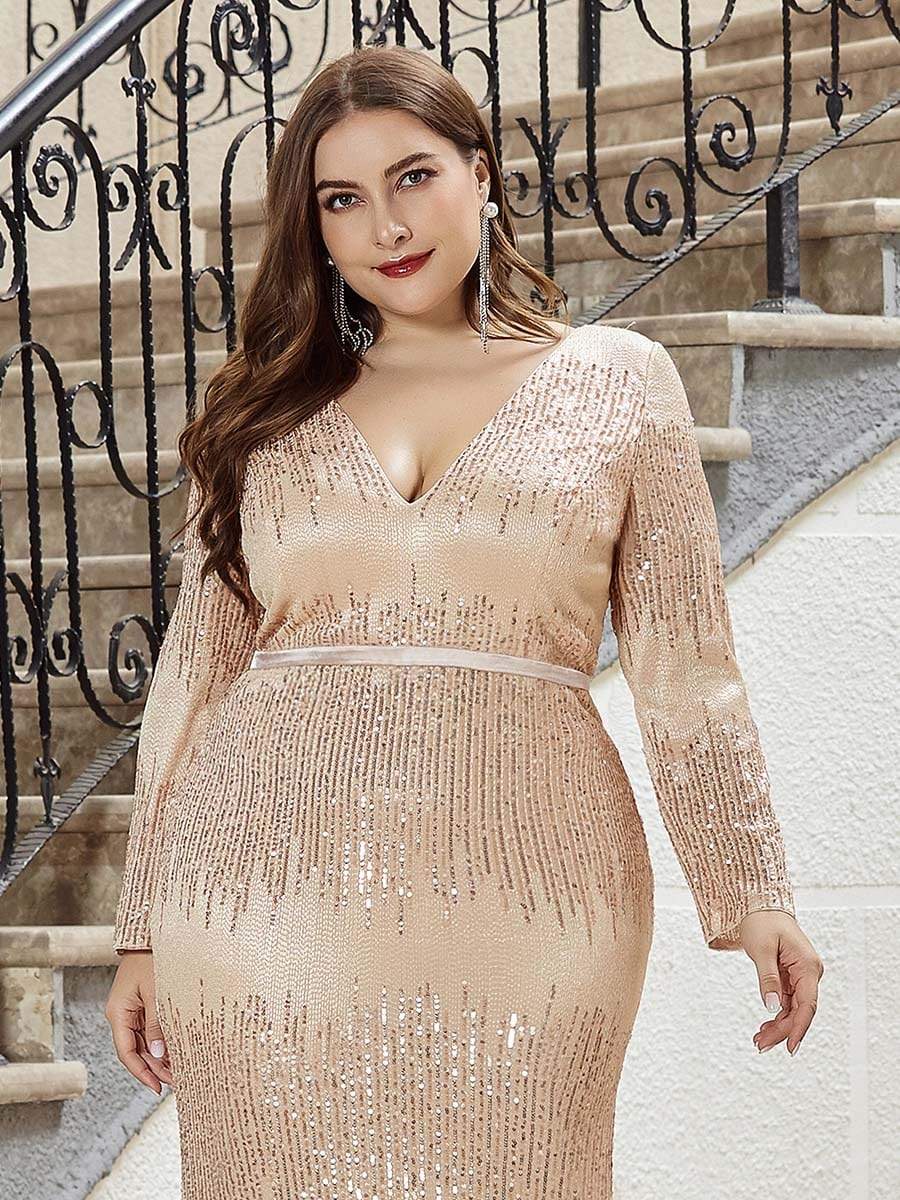 Plus Size Deep V-Neck Sequin Evening Dress with Long Sleeve