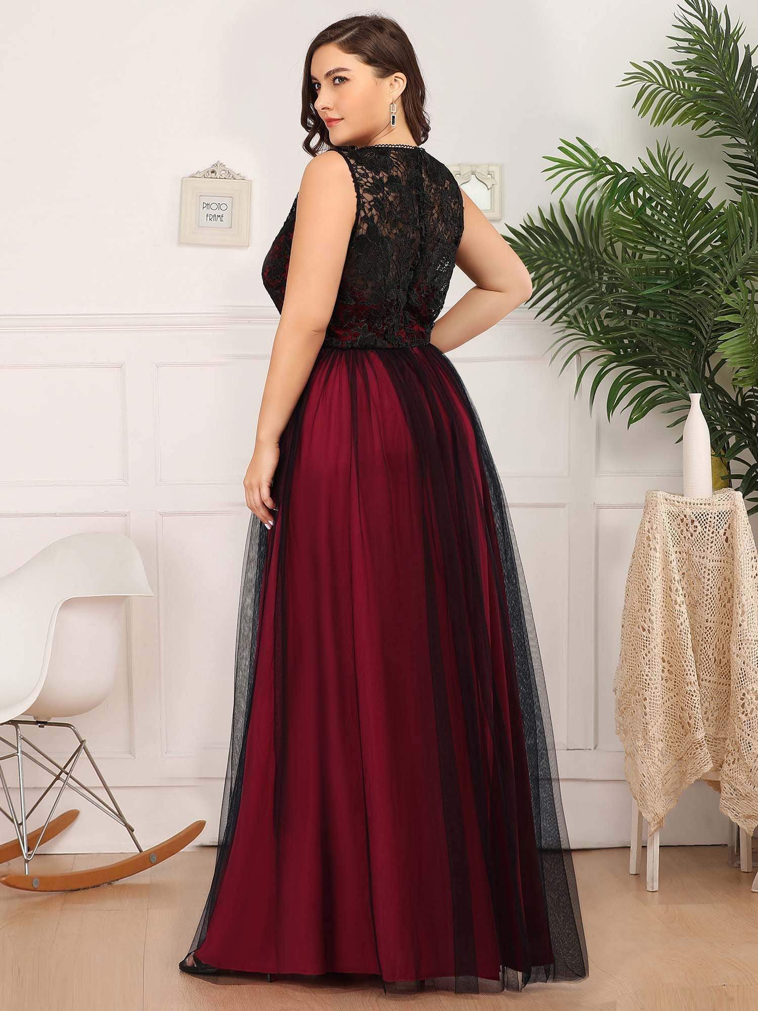 A-Line Maxi Long Plus Size Prom Dresses for Women with Mesh